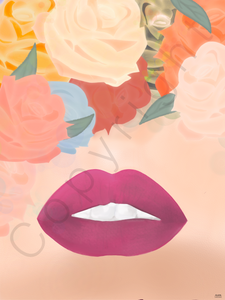 Poster lippen vrouw , bloemen, rozen- kleurrijk 