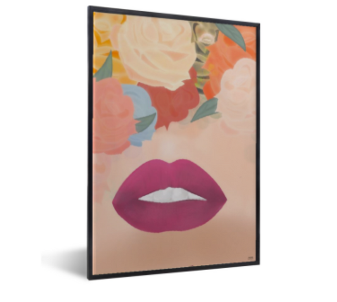 Poster lippen vrouw , bloemen, rozen- kleurrijk - zwarte lijst