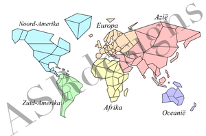 Geometrische wereldkaart | wereldposter - continenten in kleuren en met naam