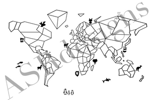 Geometrische wereldkaart | wereldposter - met dieren