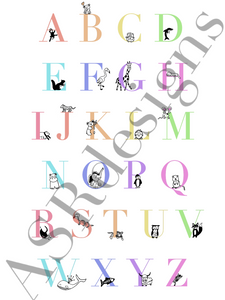 ABC poster. Een lieve en leerzame  print van het alfabet voor op de babykamer of kinderkamer met bijpassende dieren