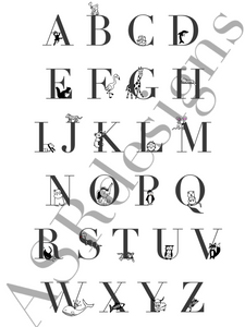 ABC poster. Een lieve en leerzame  print van het alfabet voor op de babykamer of kinderkamer met bijpassende dieren - zwart