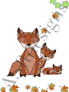 Lieve en hippe poster voor babykamer of kinderkamer van een (geometrische) vos  met vosjes in het bos  in kleur