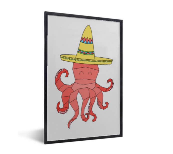 Poster octopus met Mexicaanse hoed in zwarte lijst