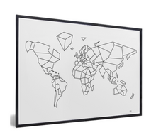 Afbeelding in Gallery-weergave laden, Poster geometrische wereldkaart wit met zwarte lijnen in zwarte lijst
