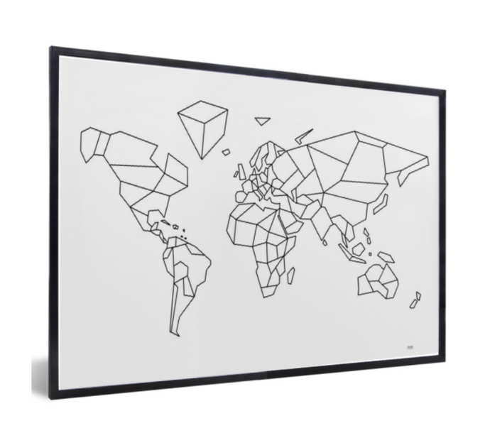 Poster geometrische wereldkaart wit met zwarte lijnen in zwarte lijst