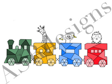 Afbeelding in Gallery-weergave laden, Vrolijke en hippe poster voor babykamer of kinderkamer van een (geometrische ) stoomtrein met (jungle) dieren in kleur
