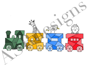 Vrolijke en hippe poster voor babykamer of kinderkamer van een (geometrische ) stoomtrein met (jungle) dieren in kleur