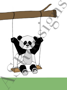 Vrolijke en lieve poster voor babykamer of kinderkamer van een (geometrische ) schommelende pandabeer in kleur