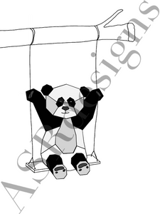 Vrolijke en lieve poster voor babykamer of kinderkamer van een (geometrische ) schommelende pandabeer in zwart wit