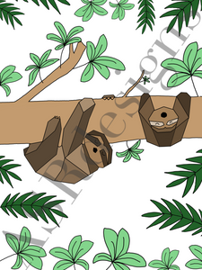 Leuke en hippe poster voor babykamer of kinderkamer van een (geometrische)  slapende Luiaard  (sloth) aan een boom in kleur
