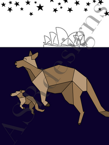 Leuke en lieve poster voor babykamer of kinderkamer van Kangeroe met baby in Australië -  in kleur