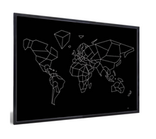 Afbeelding in Gallery-weergave laden, Poster geometrische wereldkaart zwart met witte lijnen in zwarte lijst

