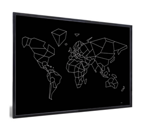Poster geometrische wereldkaart zwart met witte lijnen in zwarte lijst