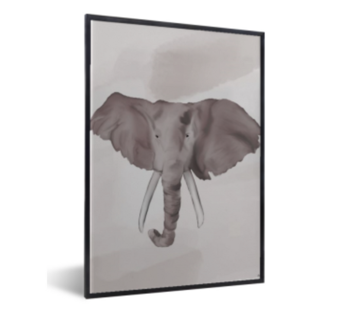 Poster olifant, realistisch - zandkleuren - boho -  zwarte lijst 