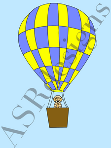 Lieve en avontuurlijke poster voor babykamer of kinderkamer van een (geometrische) hondje in een luchtballon in kleur met blauw 