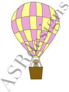 Lieve en avontuurlijke poster voor babykamer of kinderkamer van een (geometrische) hondje in een luchtballon in kleur met roze 