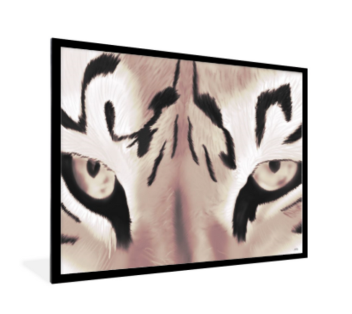 Poster tijger ogen , stoer , sepia , zwarte lijst