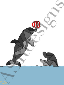Vrolijke en hippe poster voor babykamer of kinderkamer van een (geometrische)  spelende dolfijnen in kleur