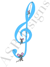 Afbeelding in Gallery-weergave laden, Unieke en hippe poster voor babykamer of kinderkamer van een  muzieknoot / G-sleutel met muisjes in blauw
