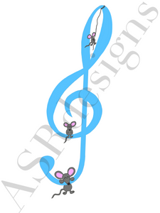 Unieke en hippe poster voor babykamer of kinderkamer van een  muzieknoot / G-sleutel met muisjes in blauw