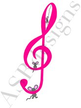 Afbeelding in Gallery-weergave laden, Unieke en hippe poster voor babykamer of kinderkamer van een  muzieknoot / G-sleutel met muisjes in roze
