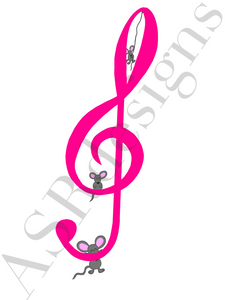 Unieke en hippe poster voor babykamer of kinderkamer van een  muzieknoot / G-sleutel met muisjes in roze