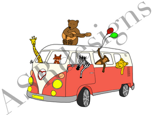 Vrolijke en avontuurlijke dieren poster voor babykamer of kinderkamer van een VW busje met dieren in rood