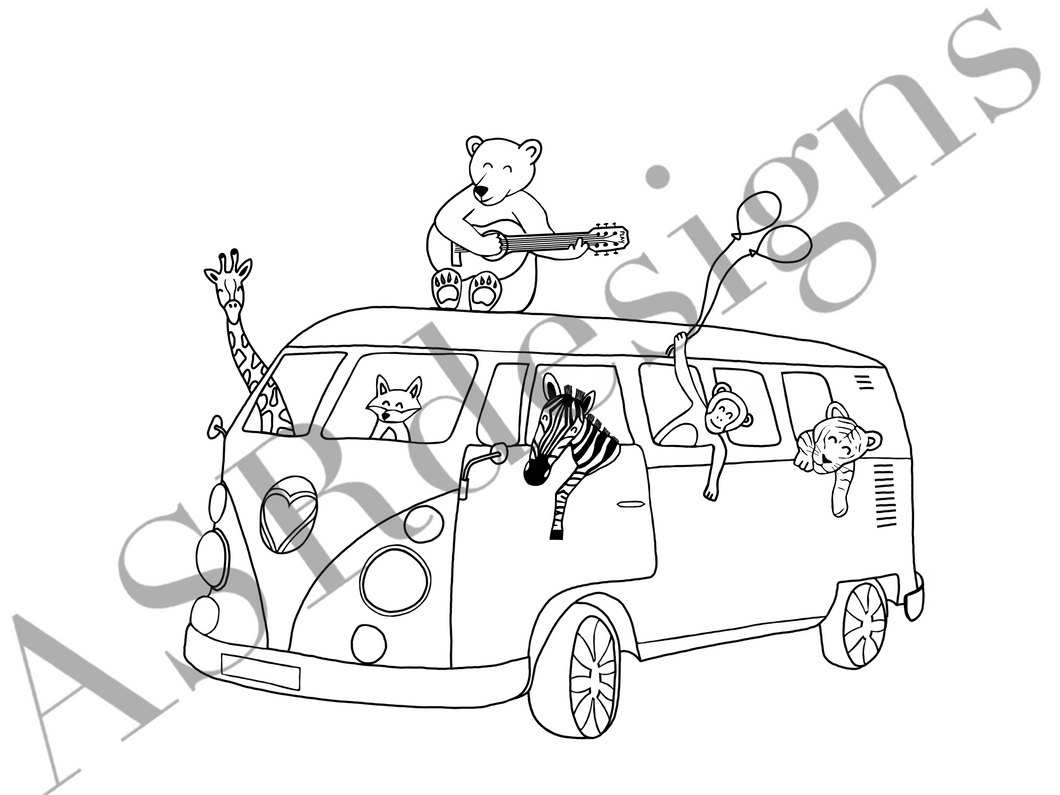 Vrolijke en avontuurlijke dieren poster voor babykamer of kinderkamer van een VW busje met dieren in zwart wit