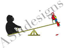 Afbeelding in Gallery-weergave laden, Unieke en hippe poster voor babykamer of kinderkamer van een gorilla met papegaai op een wipwap in kleur
