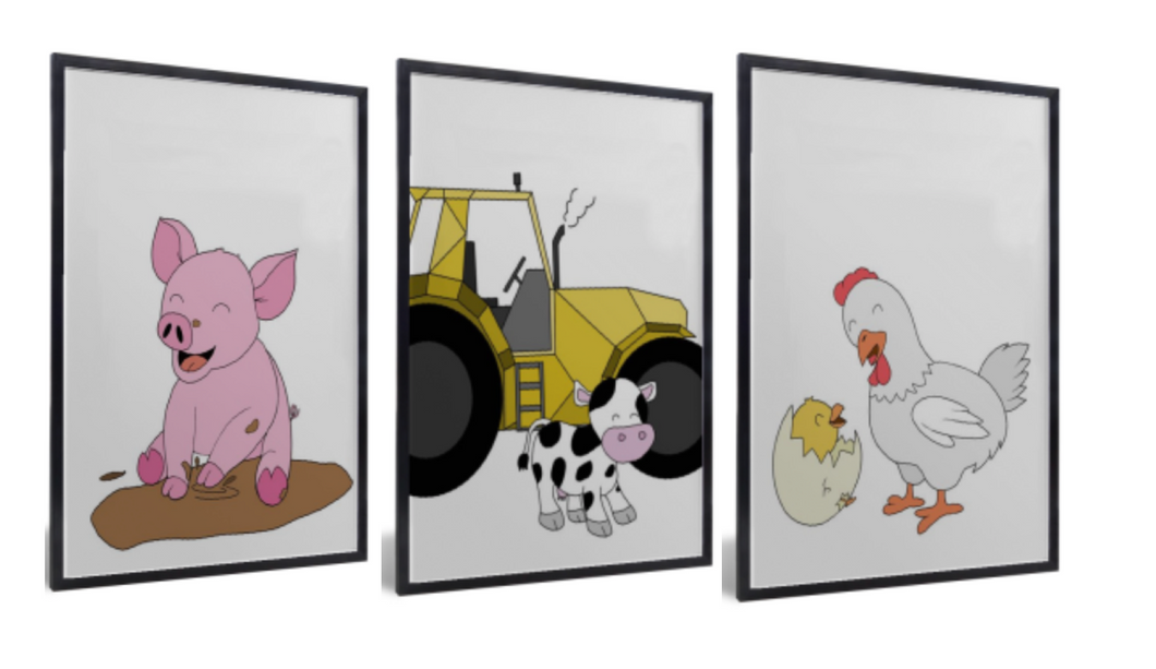 Posterset / muurdecoratie kinderkamer of babykamer van boerderij dieren (varken .biggetje, tractor met koe en kip met kuiken)