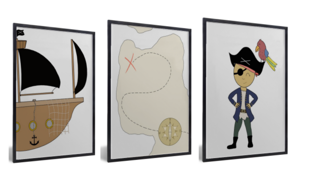 Posterset / muurdecoratie kinderkamer of babykamer -piraten posters met schip, schatkaart en een piraat met papagaai