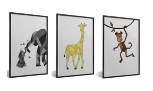 Posterset / muurdecoratie kinderkamer of babykamer - safari thema met olifant een giraffe en een aapje. 