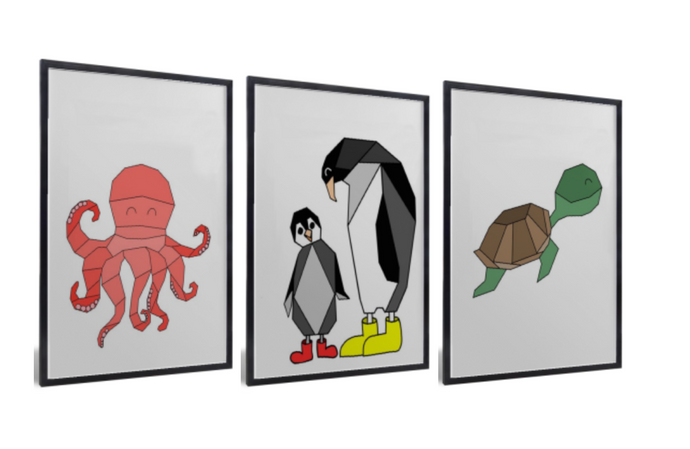 Posterset / muurdecoratie kinderkamer of babykamer in oceaan thema met octopus, pinguïn en schildpad